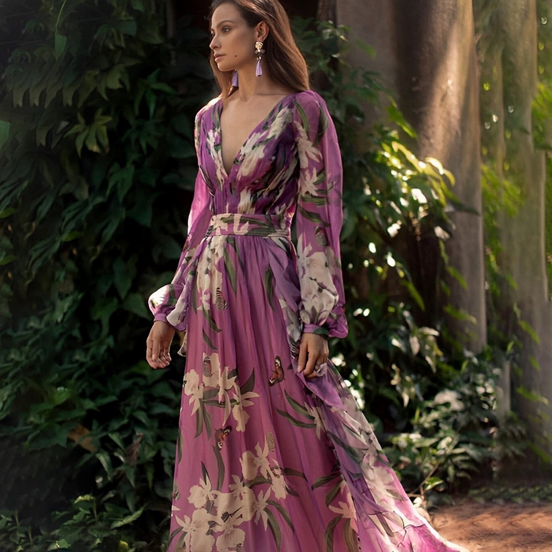 Gisella Monroe | Purple Lightweight Floral Chiffon Maxi Dress