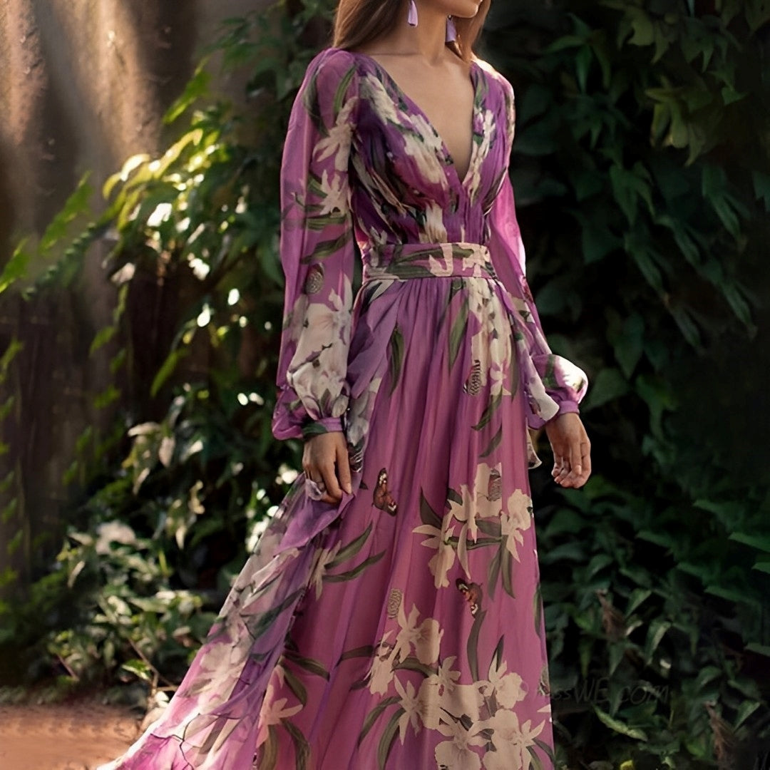 Gisella Monroe | Purple Lightweight Floral Chiffon Maxi Dress