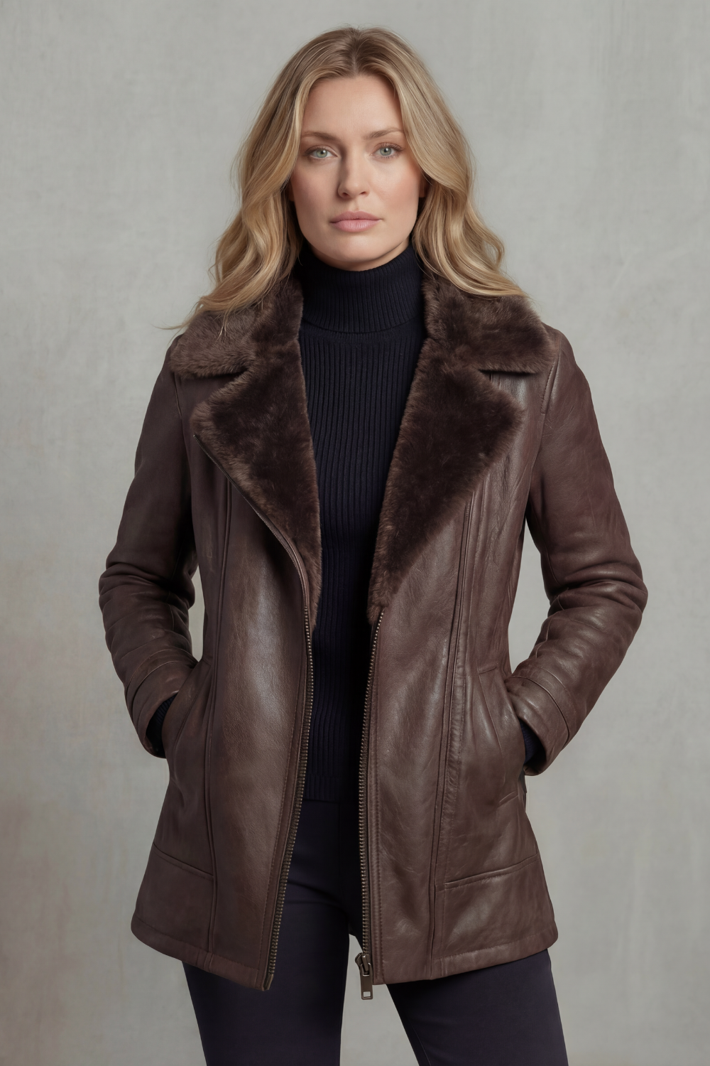Harriet Bramley | Shearling-Collar Leather Jacket in Rich Brown
