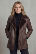 Harriet Bramley | Veste en cuir à col en peau lainée marron foncé
