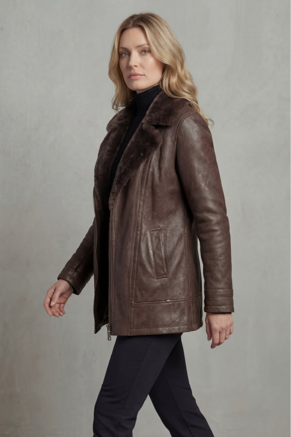 Harriet Bramley | Shearling-Collar Leather Jacket in Rich Brown