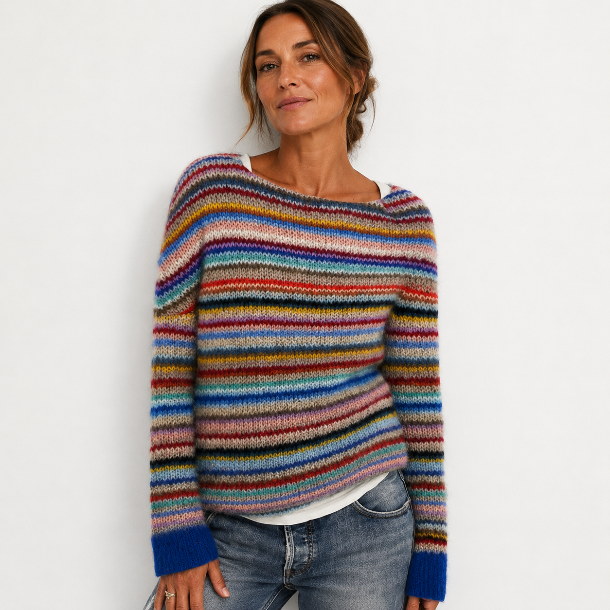 Rosalie Clarke | Rainbow Stripe Knit Sweater with Contrast Cuffs