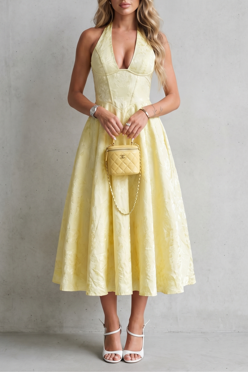 Phoebe Sutton | Halter Floral Jacquard Midi Dress in Butter Yellow