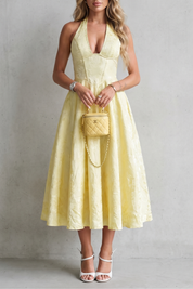 Phoebe Sutton | Halter Floral Jacquard Midi Dress in Butter Yellow