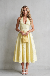 Phoebe Sutton | Halter Floral Jacquard Midi Dress in Butter Yellow