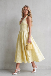 Phoebe Sutton | Halter Floral Jacquard Midi Dress in Butter Yellow