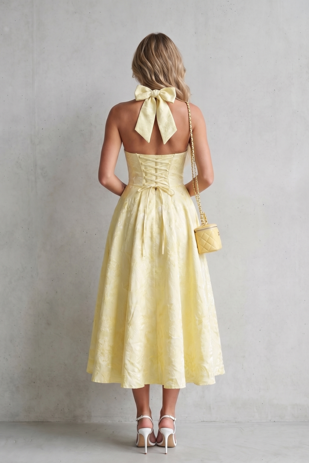 Phoebe Sutton | Halter Floral Jacquard Midi Dress in Butter Yellow