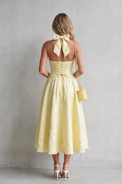 Phoebe Sutton | Halter Floral Jacquard Midi Dress in Butter Yellow