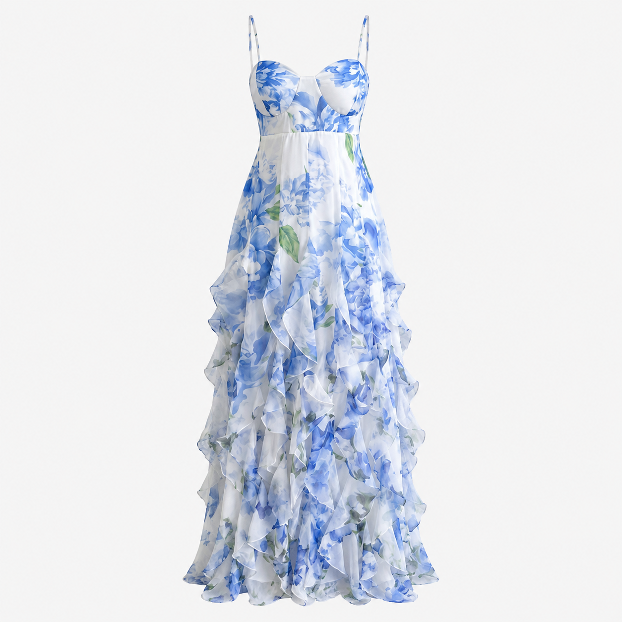 Rosie Wentworth | Sestina Sheer Floral Cascade Ruffled Evening Maxi Dress