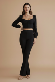 Rowan Fairchild | Button-Front Crop Top & Flared Pants Set