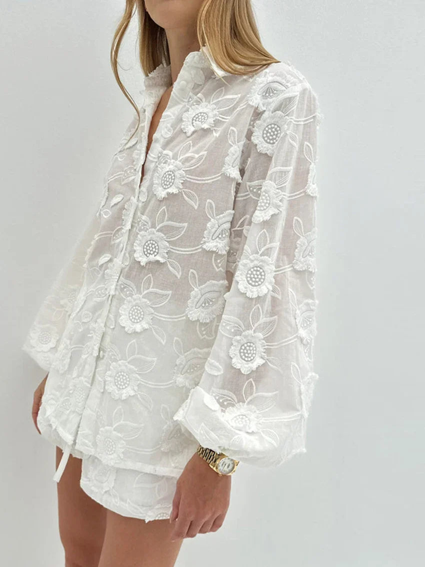 Odessa Lancaster | White Embroidered Shirt & Shorts Set