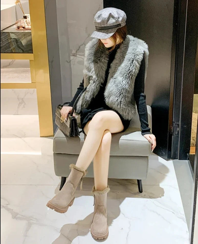 Freya Lawson | Fur Trim Winter Ankle Boots in Warm Stone Suede