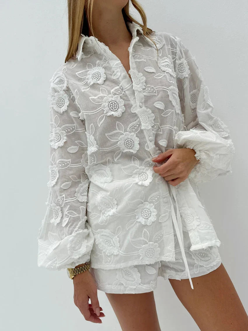 Odessa Lancaster | White Embroidered Shirt & Shorts Set