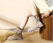 Freya Lawson | Fur Trim Winter Ankle Boots in Warm Stone Suede