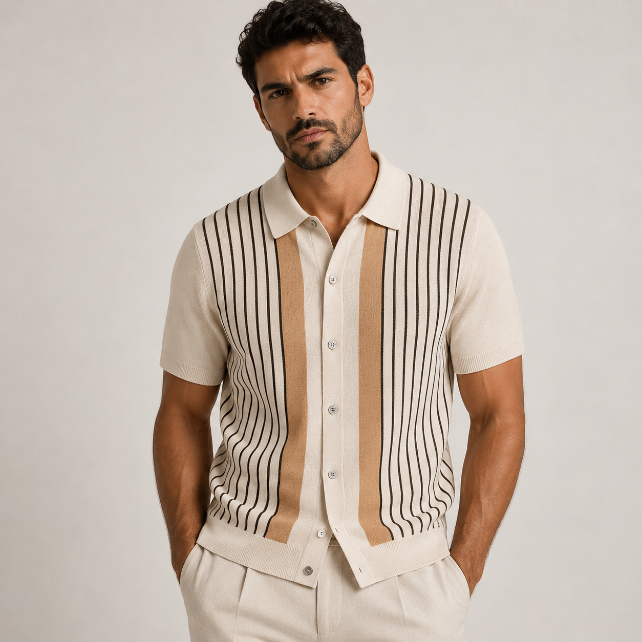 Samuel Brooks | Beige Striped Knit Short-Sleeve Shirt