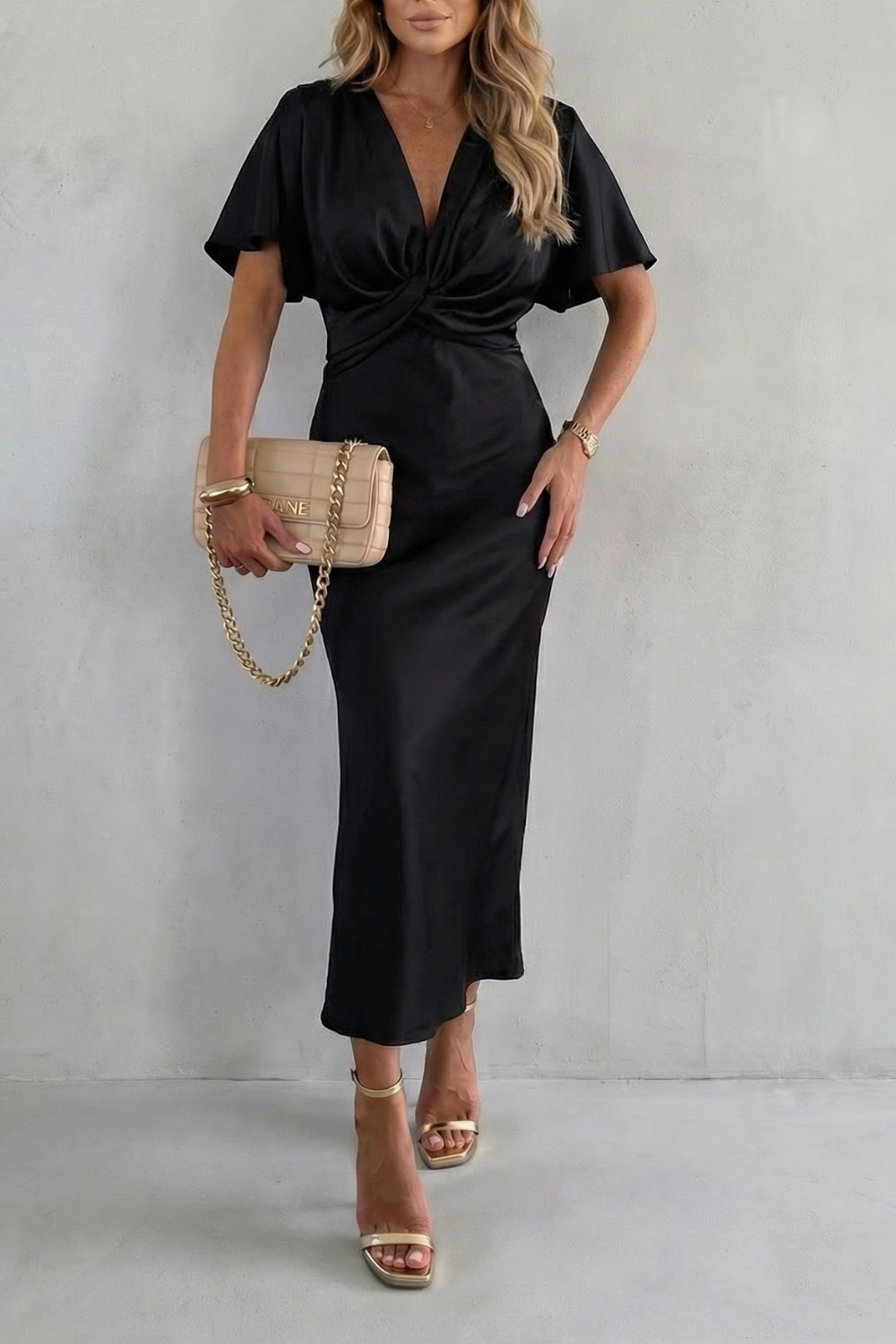 Lydia Thornfield | Satinéa Knot Waist Satin Midi Dress