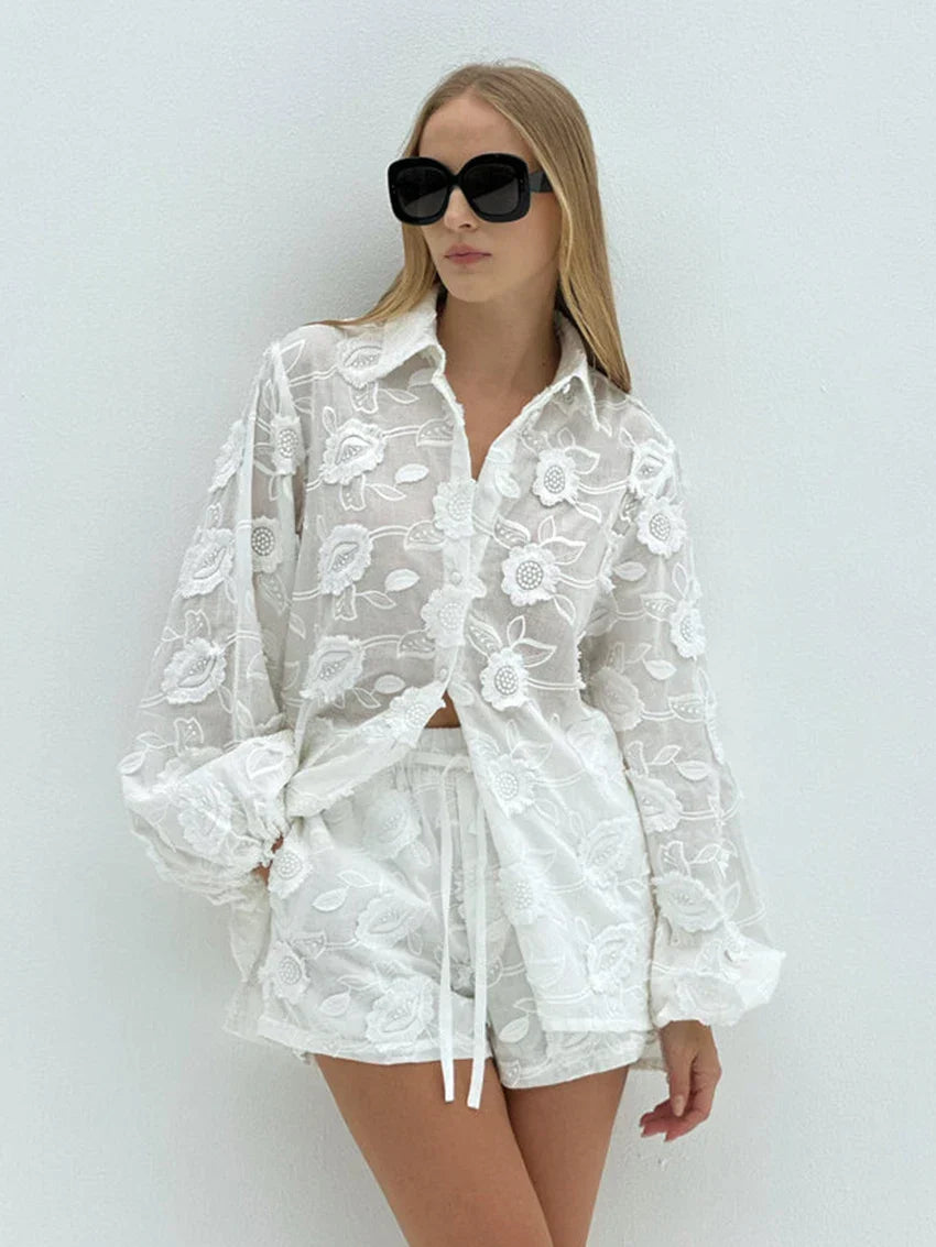 Odessa Lancaster | White Embroidered Shirt & Shorts Set