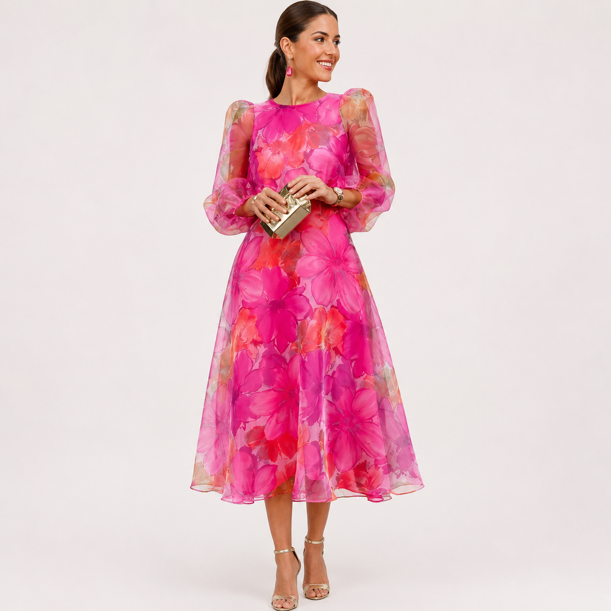 Scarlett Hughes | Women's Floral Midi Dress in Hot Pink Organza