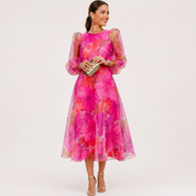 Scarlett Hughes | Women's Floral Midi Dress in Hot Pink Organza