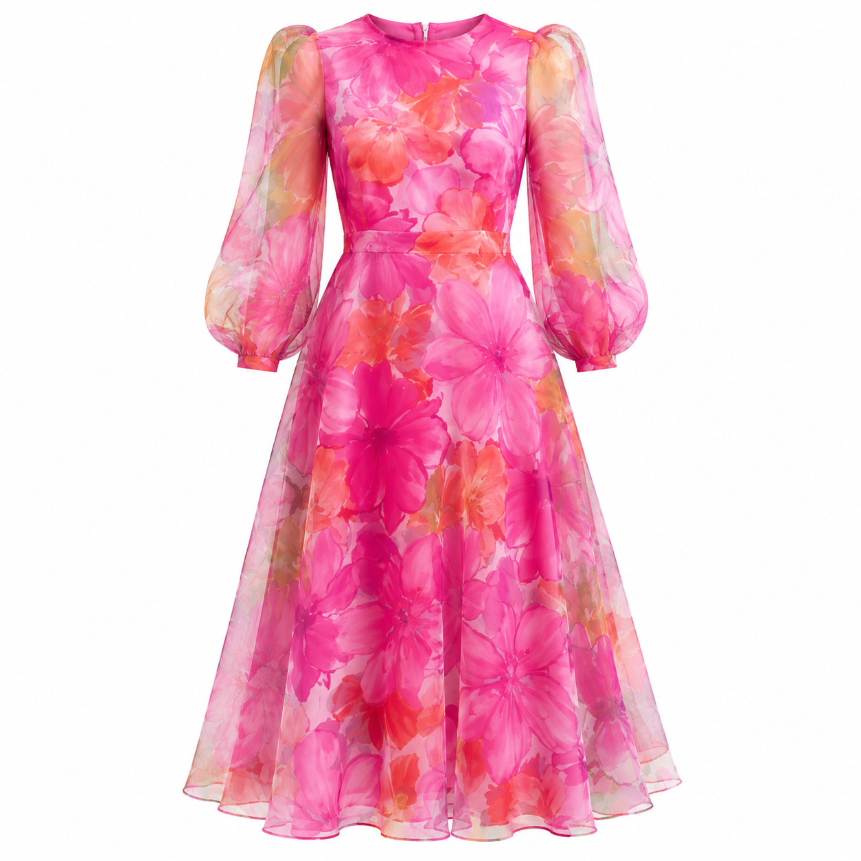 Scarlett Hughes | Women's Floral Midi Dress in Hot Pink Organza