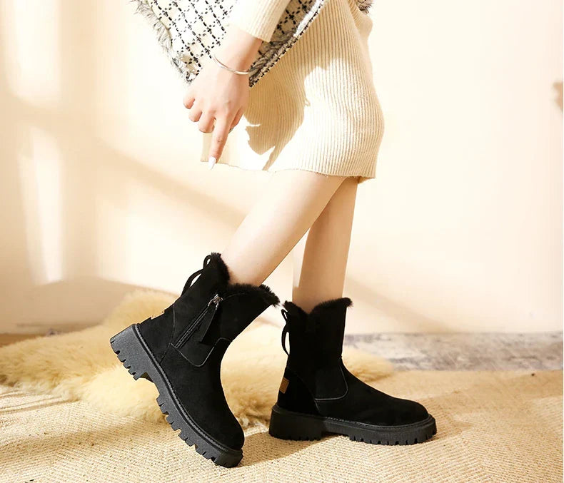 Freya Lawson | Fur Trim Winter Ankle Boots in Warm Stone Suede