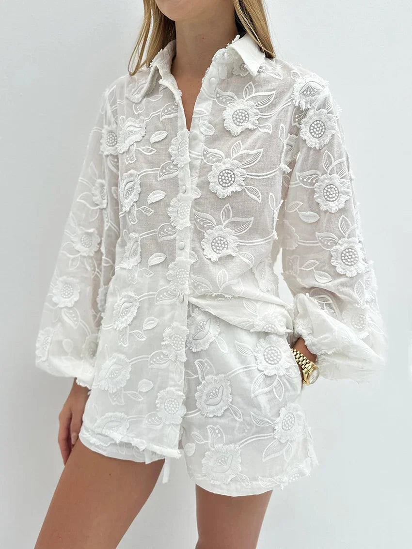 Odessa Lancaster | White Embroidered Shirt & Shorts Set