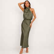 Selene Leclair | Halter Neck Satin Maxi Dress