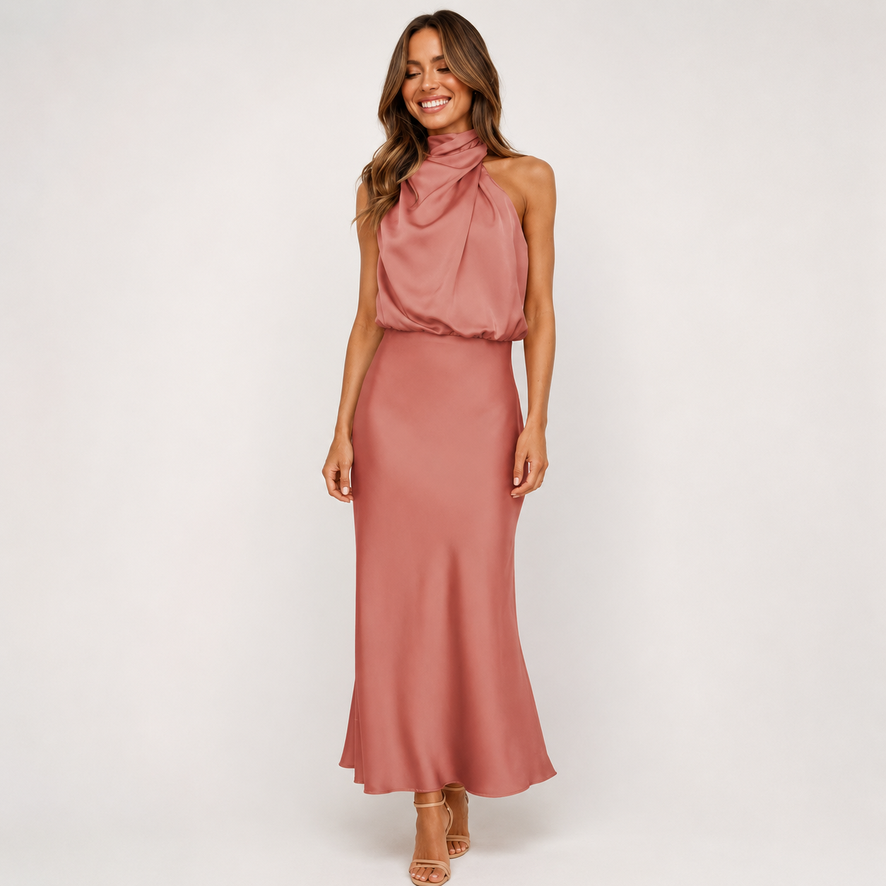 Selene Leclair | Halter Neck Satin Maxi Dress