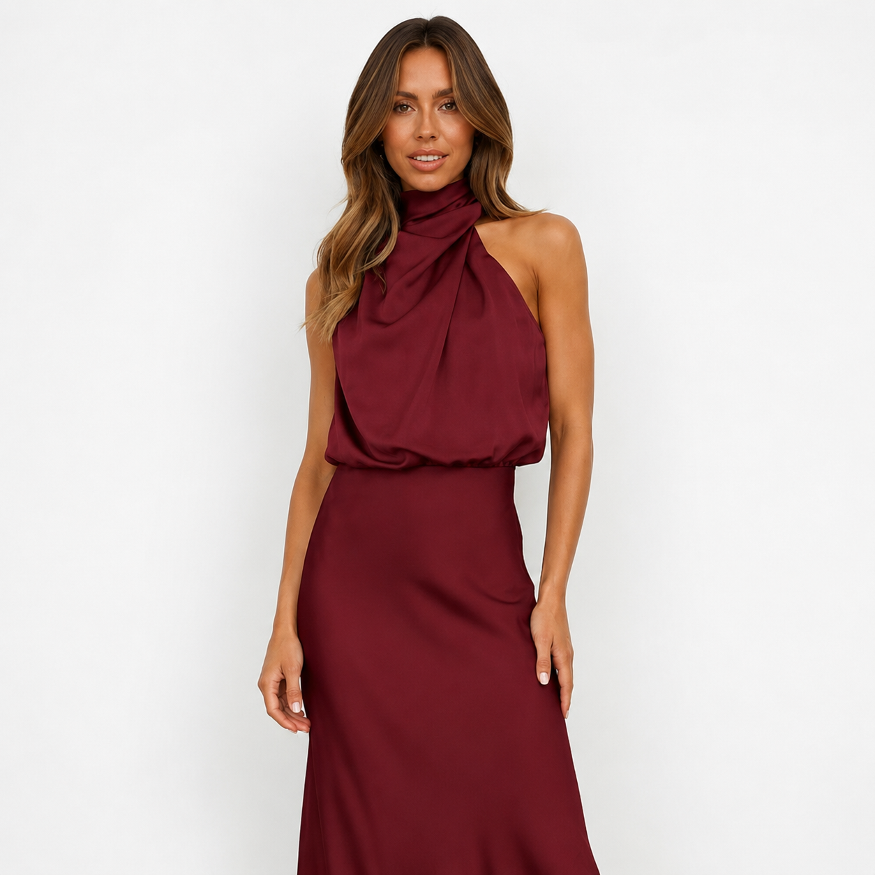 Selene Leclair | Halter Neck Satin Maxi Dress