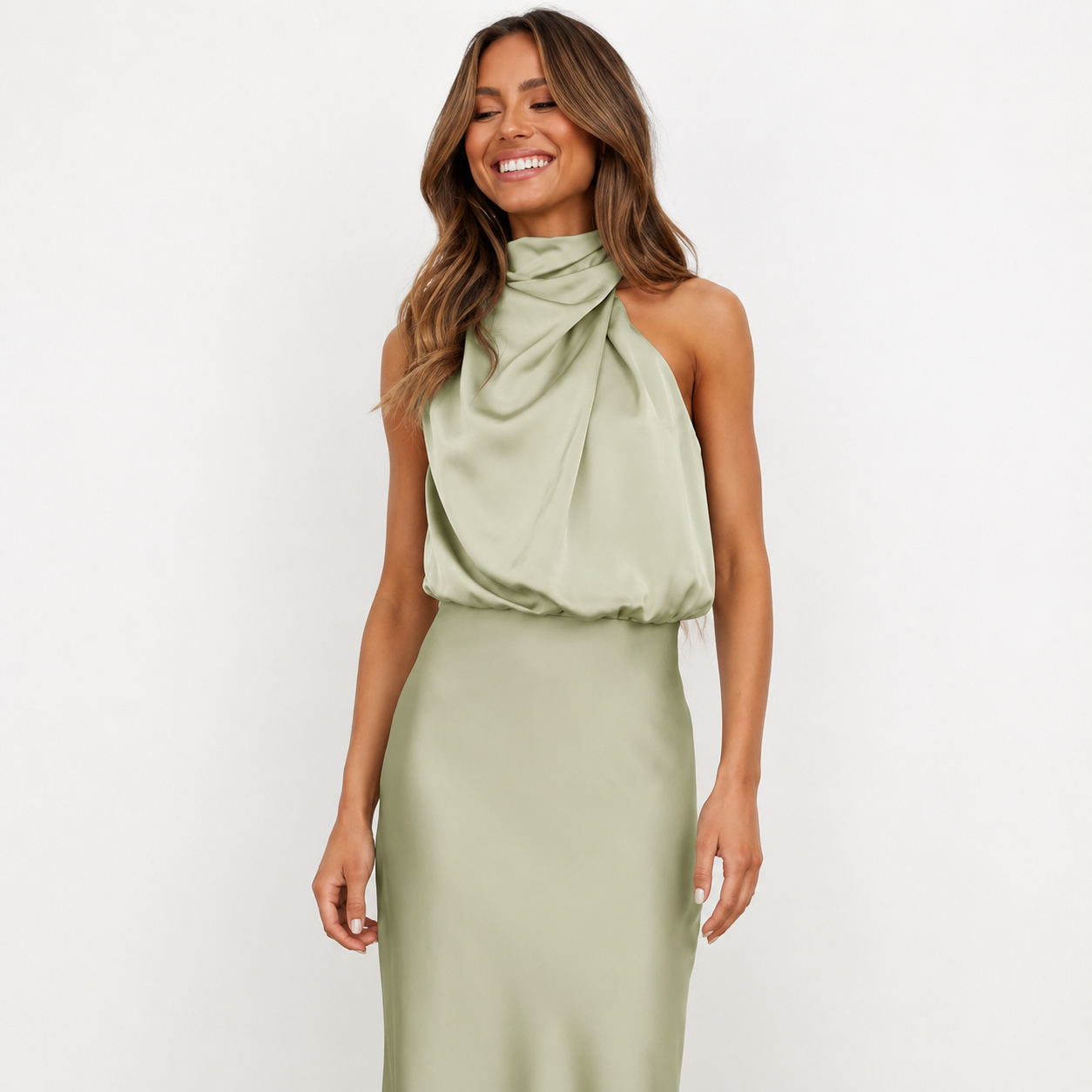 Selene Leclair | Halter Neck Satin Maxi Dress