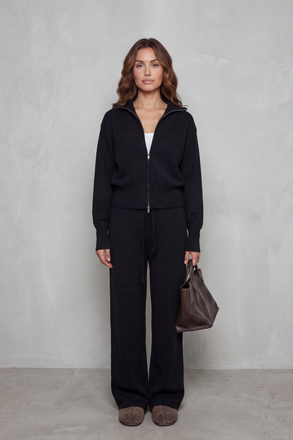 Felicity Drummond | Ensemble d’intérieur en maille décontracté – Gilet zippé et pantalon à jambes larges