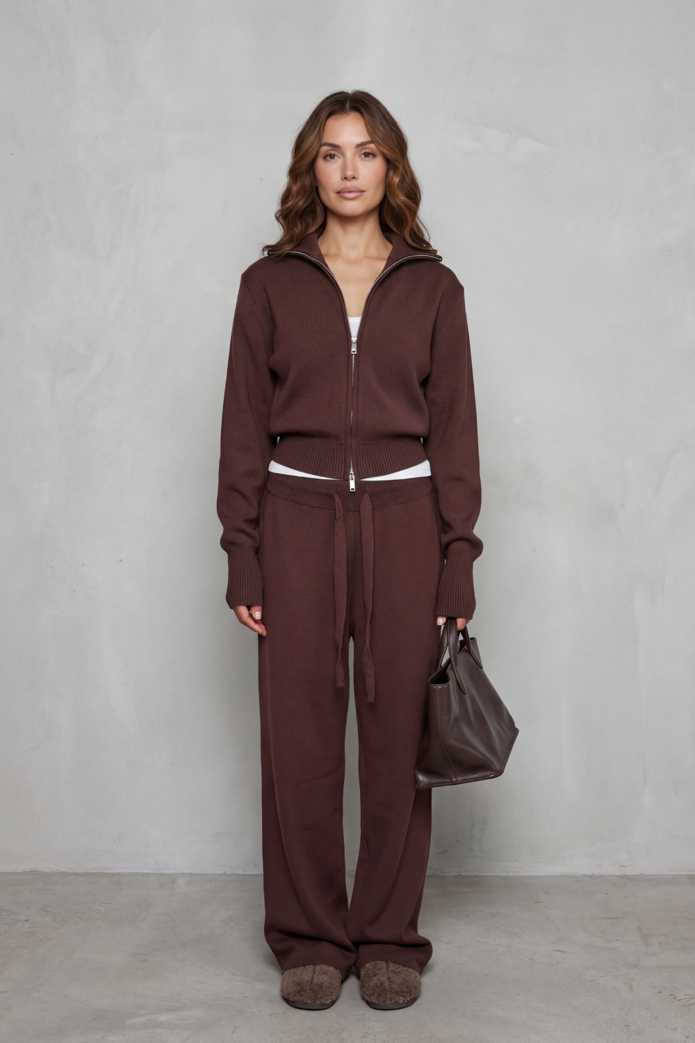 Felicity Drummond | Ensemble d’intérieur en maille décontracté – Gilet zippé et pantalon à jambes larges