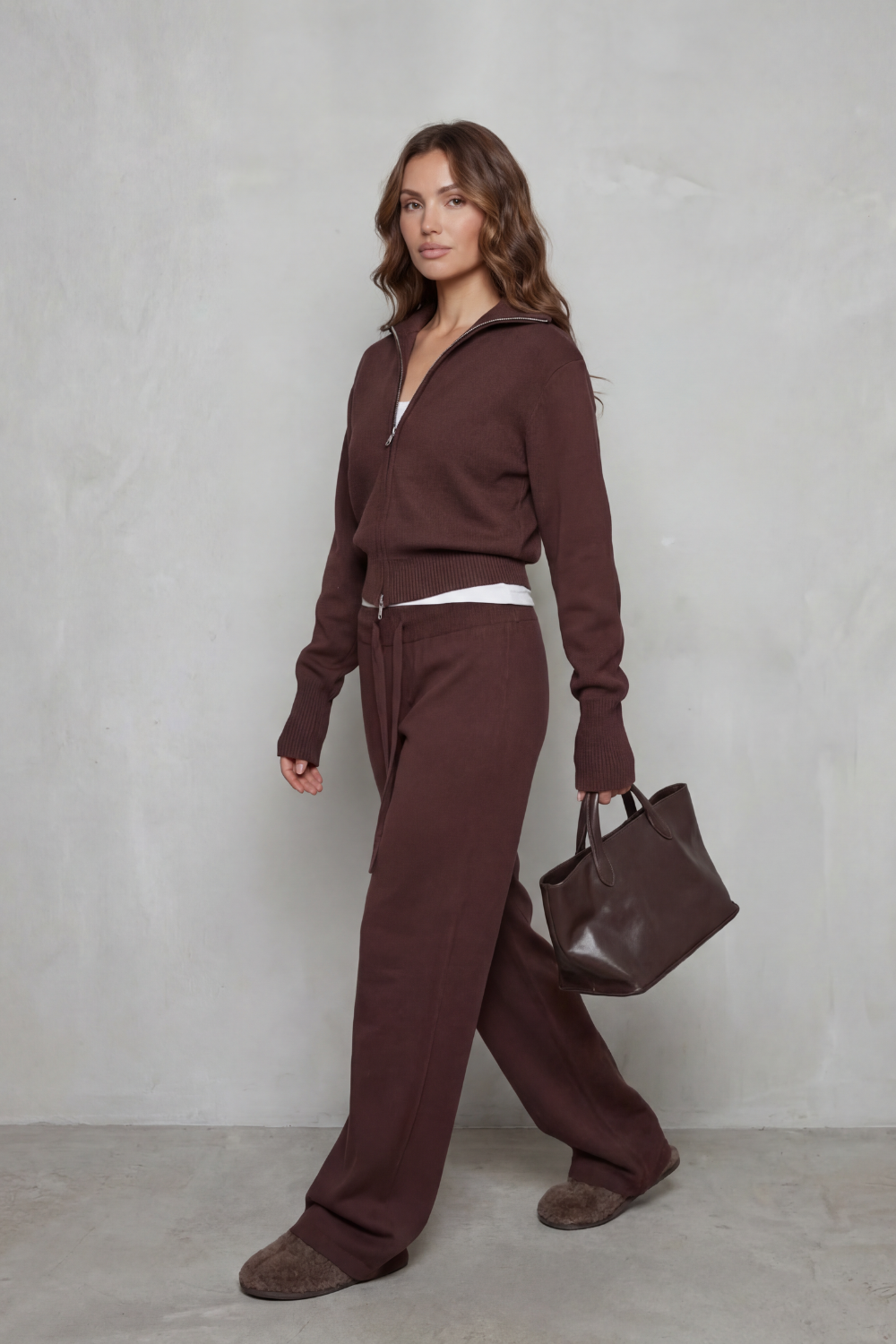 Felicity Drummond | Ensemble d’intérieur en maille décontracté – Gilet zippé et pantalon à jambes larges