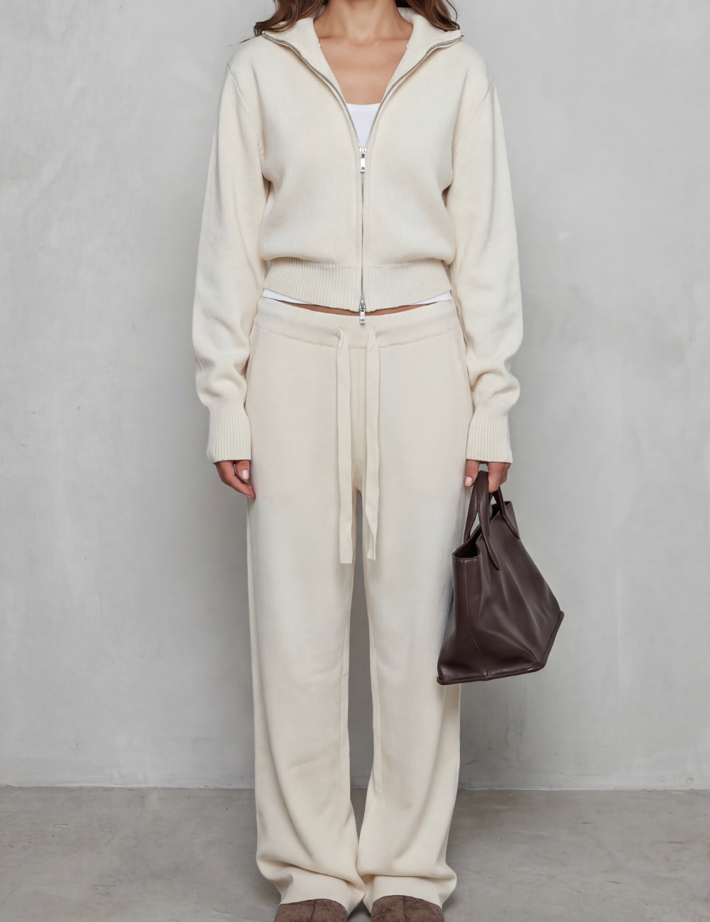 Felicity Drummond | Relaxed Knit Lounge Set – Zip Cardigan & Wide-Leg Trousers