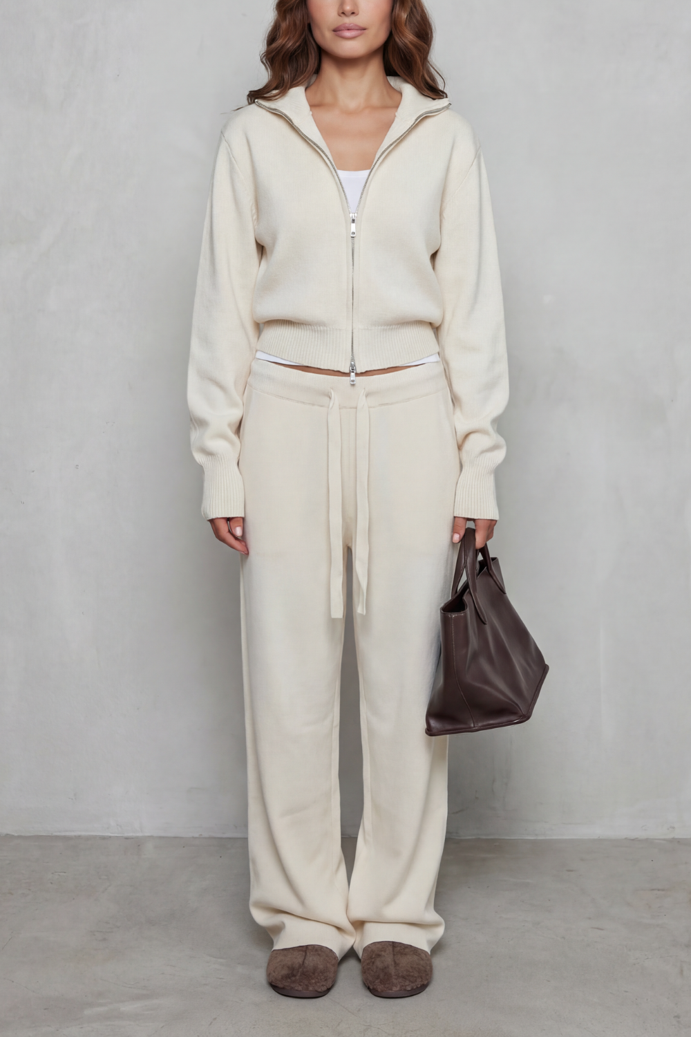 Felicity Drummond | Ensemble d’intérieur en maille décontracté – Gilet zippé et pantalon à jambes larges