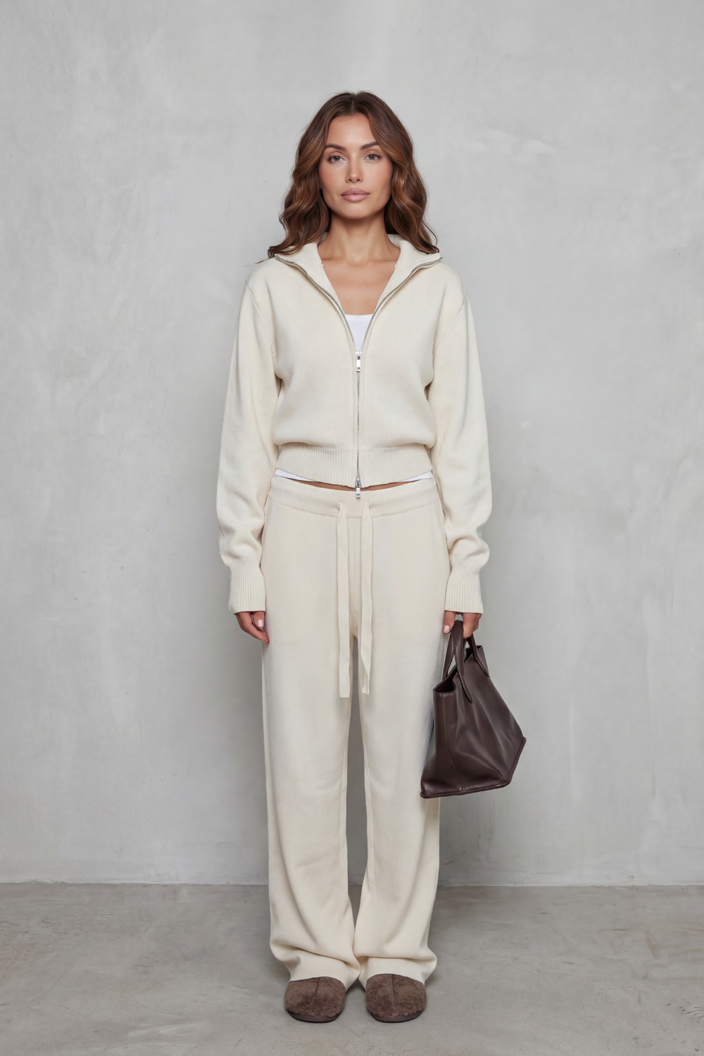 Felicity Drummond | Ensemble d’intérieur en maille décontracté – Gilet zippé et pantalon à jambes larges