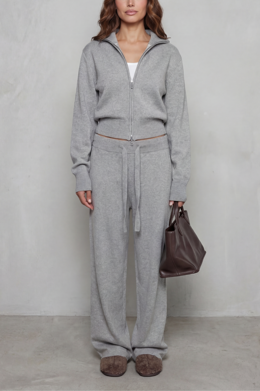 Felicity Drummond | Ensemble d’intérieur en maille décontracté – Gilet zippé et pantalon à jambes larges