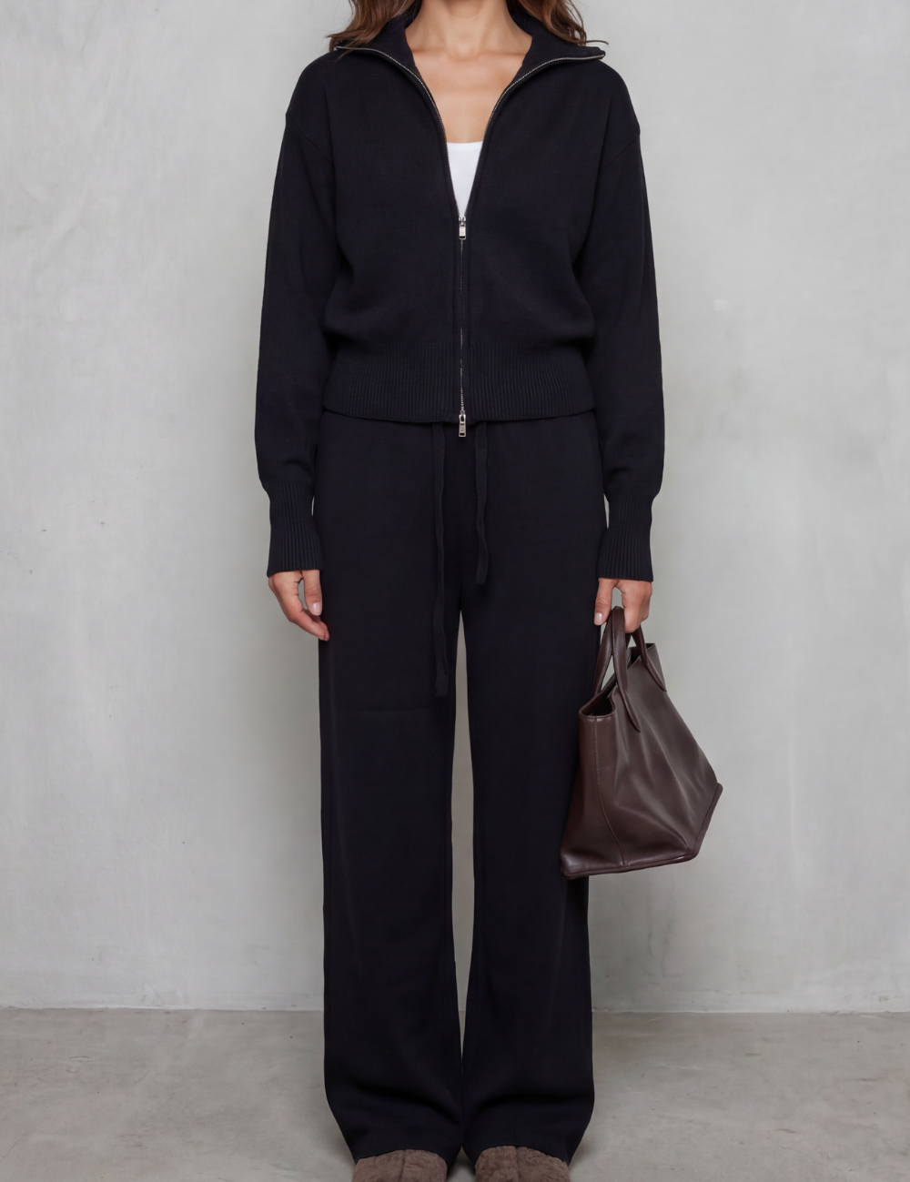Felicity Drummond | Relaxed Knit Lounge Set – Zip Cardigan & Wide-Leg Trousers
