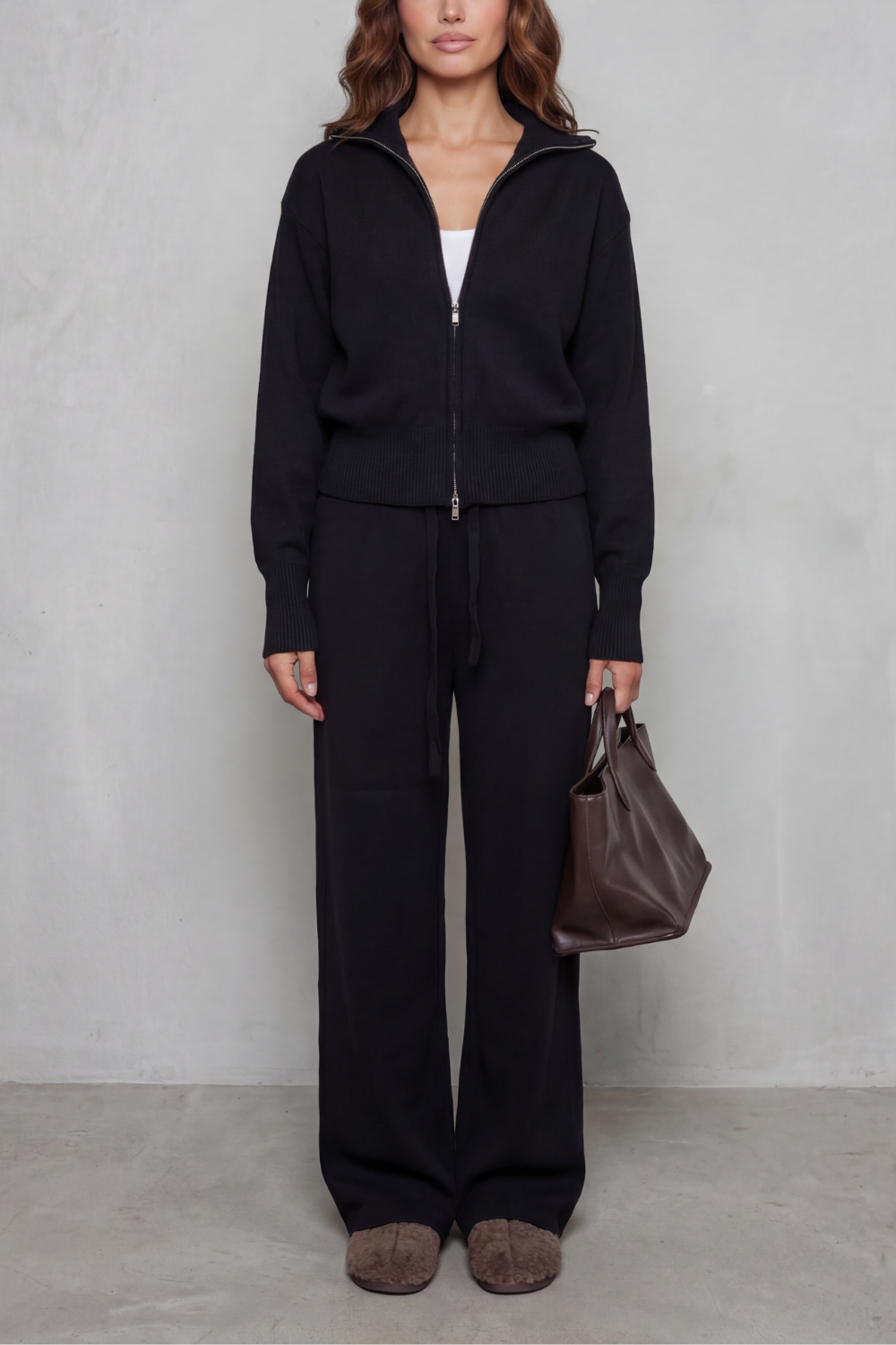 Felicity Drummond | Ensemble d’intérieur en maille décontracté – Gilet zippé et pantalon à jambes larges