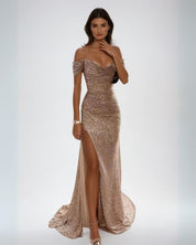 Seraphina Aureli | Off-Shoulder Sequin Dress with High Slit