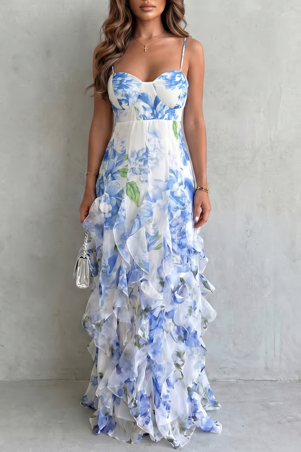 Rosie Wentworth | Sestina Sheer Floral Cascade Ruffled Evening Maxi Dress