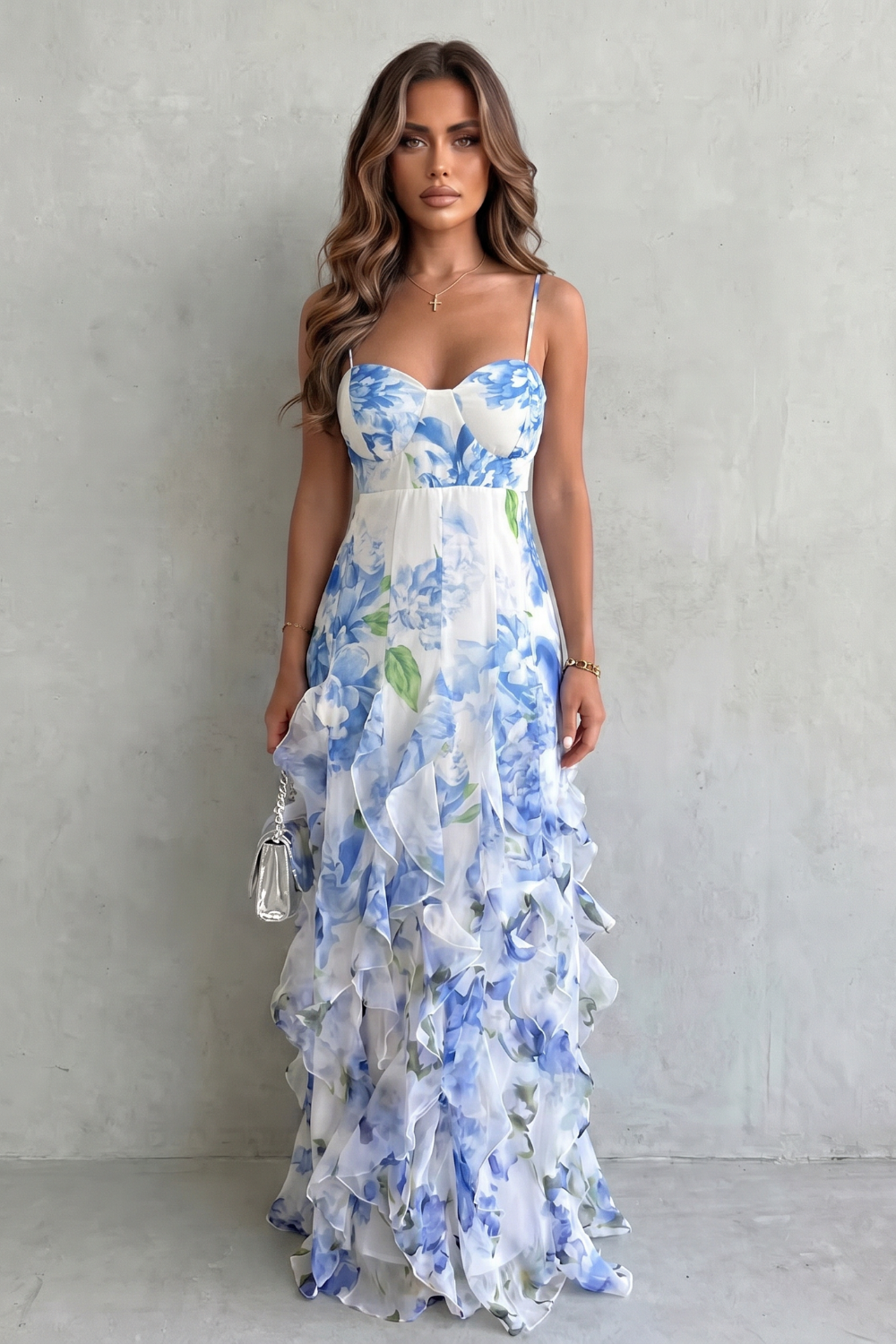 Rosie Wentworth | Sestina Sheer Floral Cascade Ruffled Evening Maxi Dress