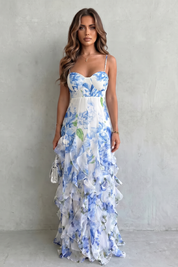 Rosie Wentworth | Sestina Sheer Floral Cascade Ruffled Evening Maxi Dress