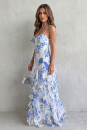 Rosie Wentworth | Sestina Sheer Floral Cascade Ruffled Evening Maxi Dress