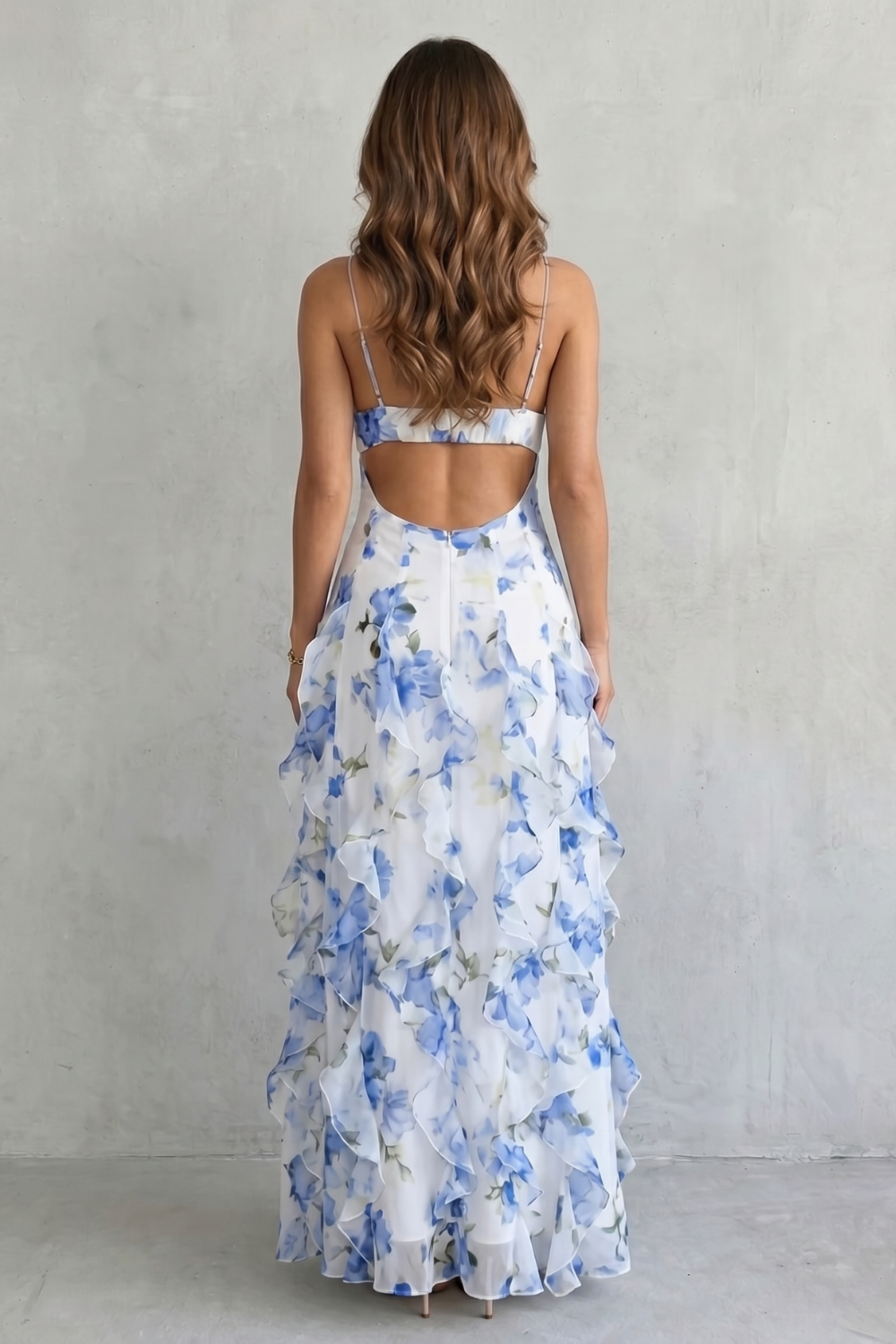 Rosie Wentworth | Sestina Sheer Floral Cascade Ruffled Evening Maxi Dress