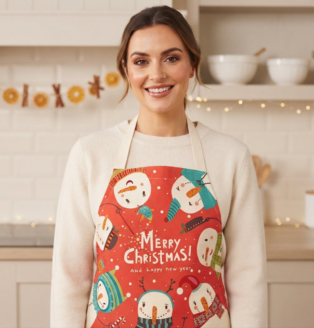 Tablier de Noël rouge imprimé avec bonhomme de neige Snowy Cheer
