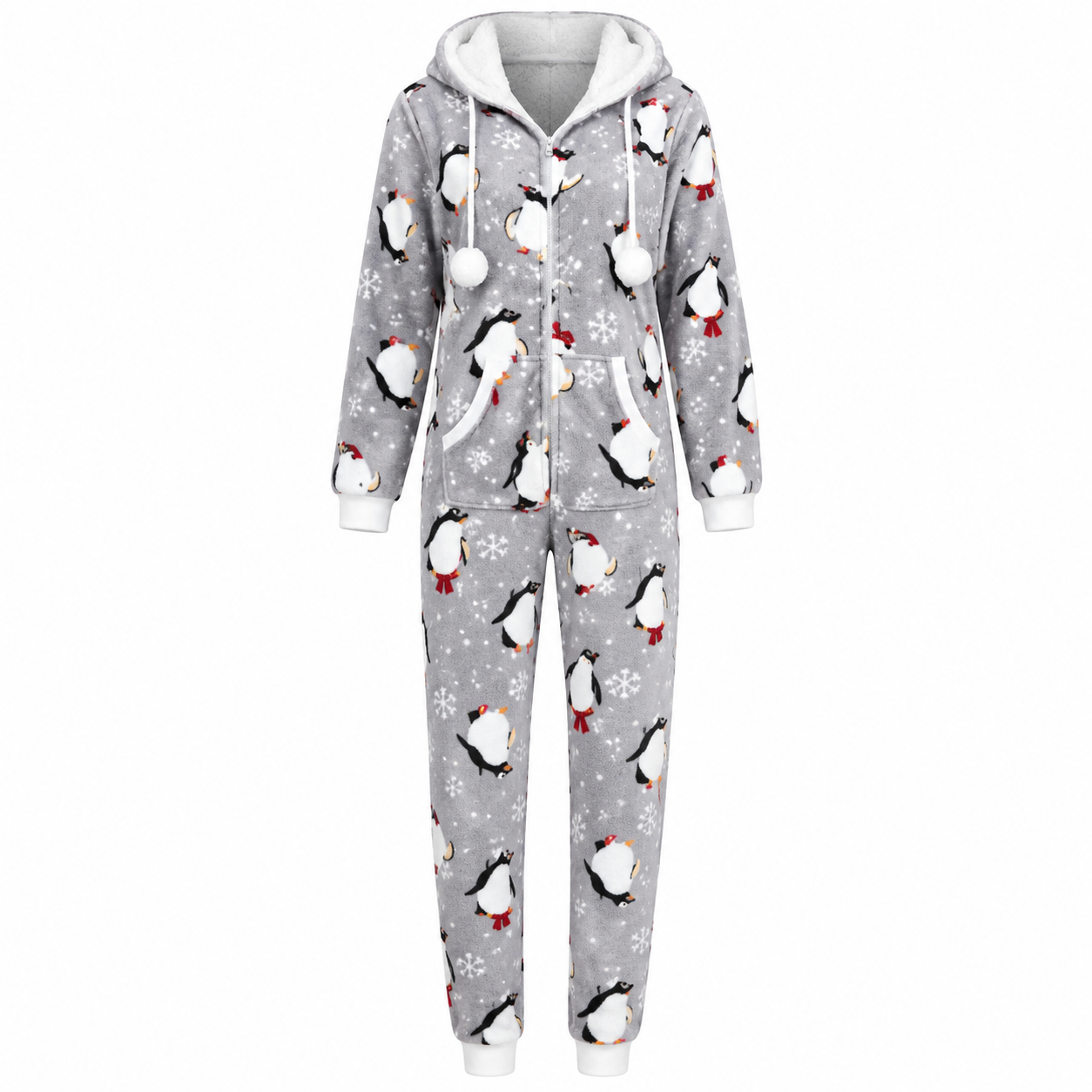 Combinaison de Noël à capuche Gris imprimée pingouin Snowy Paws pour femmes