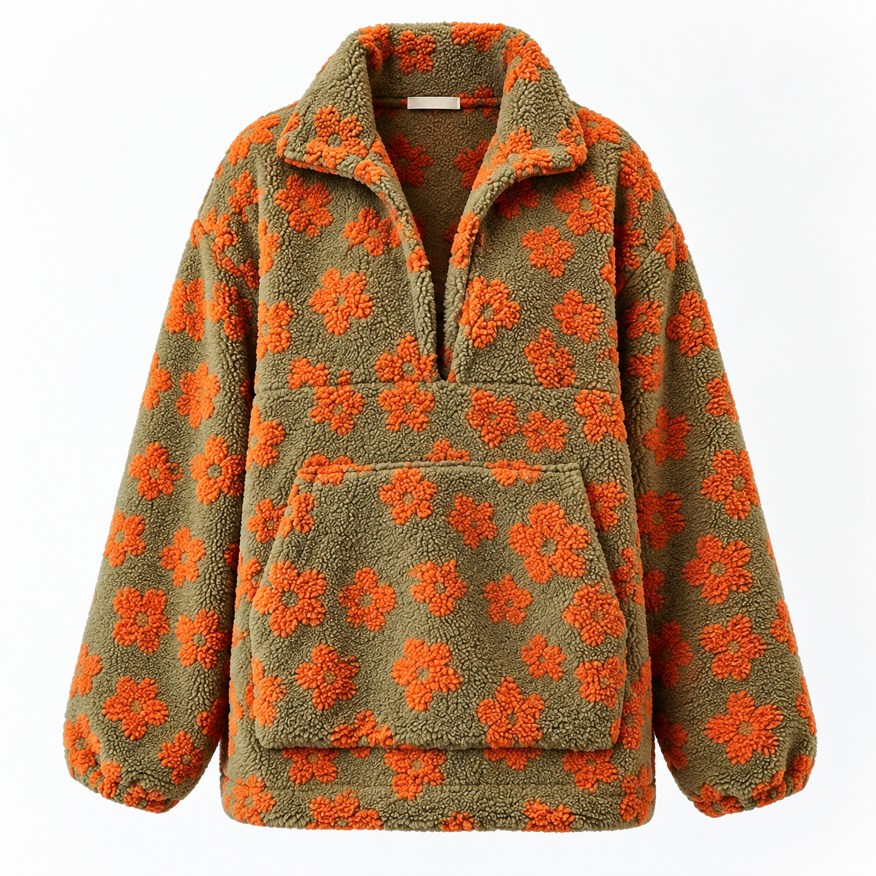 Genevieve Whitlock | Floral Sherpa Fleece Sweater With Half-Zip