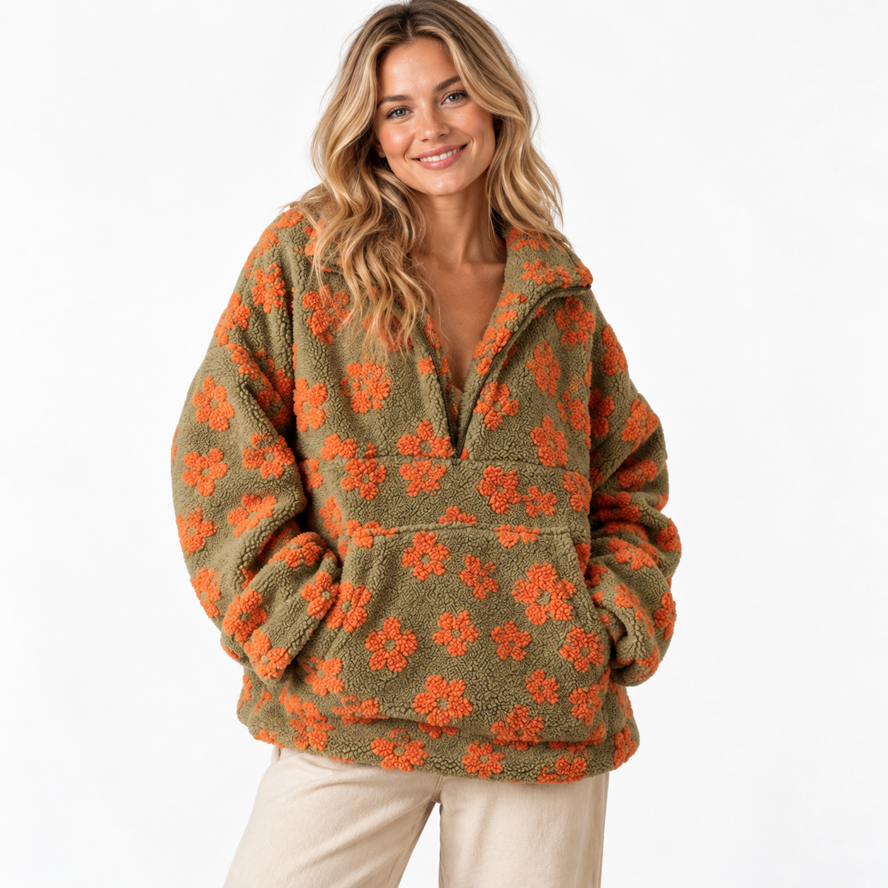 Genevieve Whitlock | Floral Sherpa Fleece Sweater With Half-Zip