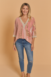 Isabelle Fontaine | Romantic Rose & Gold Print Blouse with Lace Trim